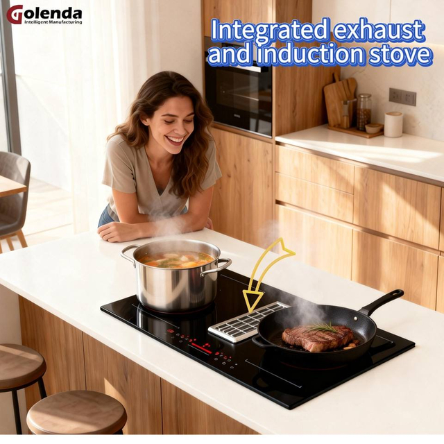 Electric Induction Cooktop Built-In Exhaust Fan 7400W Four Burners Smoke-Free Clean Kitchen Solution Household Energy Efficient