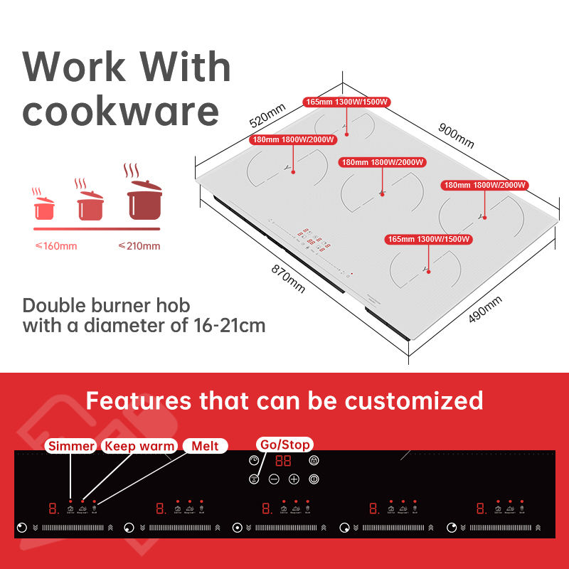 Custom Large Built-In Induction Cooktop 84000W 5 Burner Sensor Touch Control 9-Temperature Commercial & Household Use
