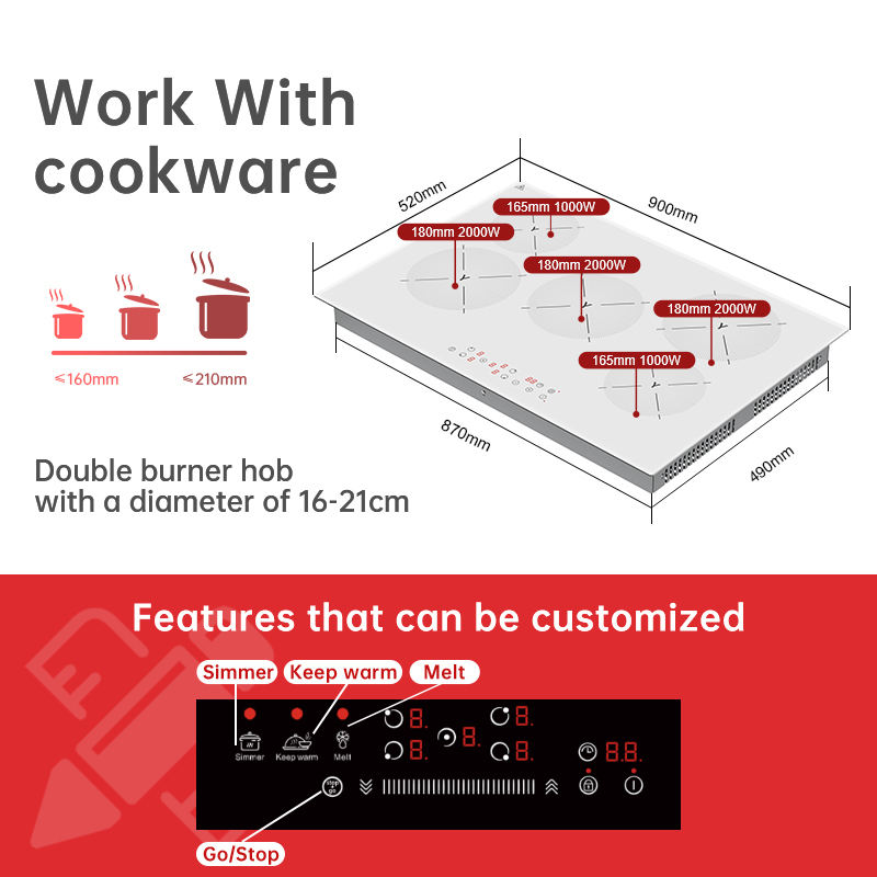 Golenda New OEM Design Electric Induction Cooker Glass Ceramic Plate 5 Burners Smooth Ceramic Cooktop Built-in Household 8000W
