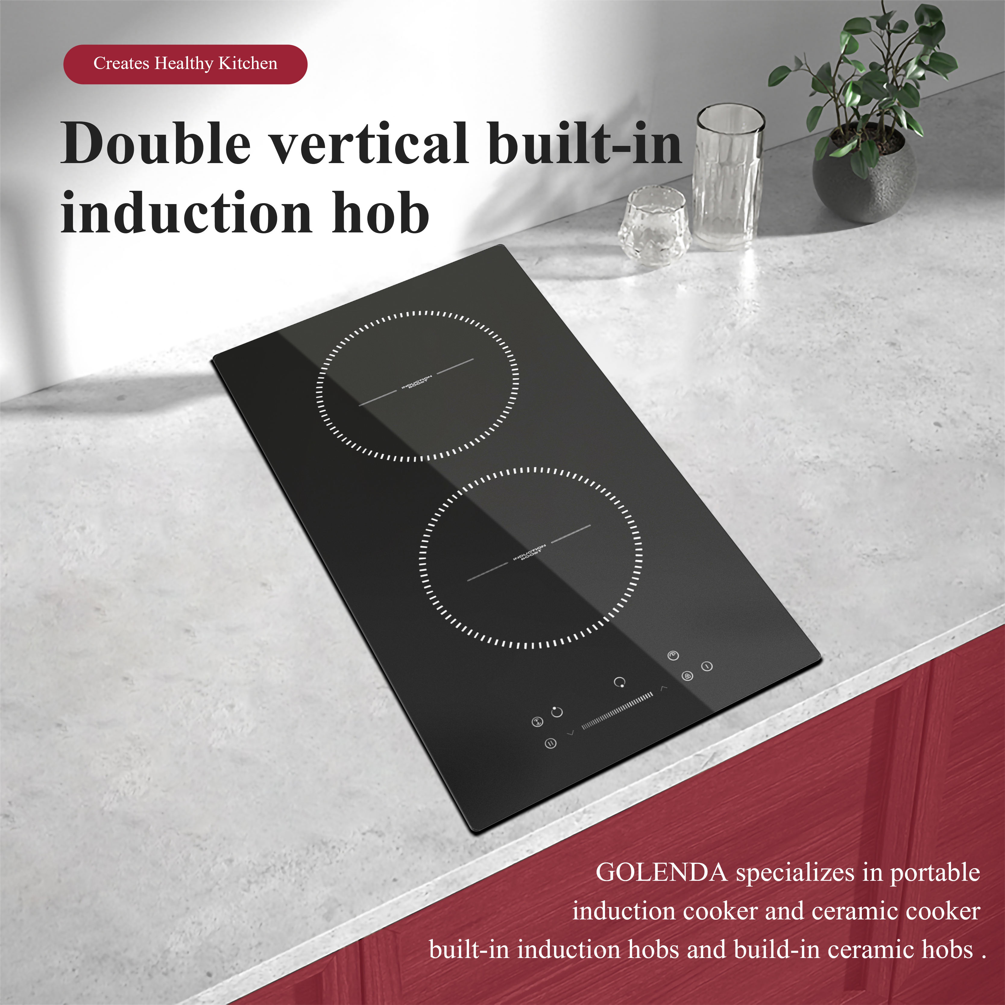 Golenda Hot Sale 3500W 2-Burner 11.5" Multi-Function Smart Electric Induction Cooker Commercial Household Knob Control Built-in