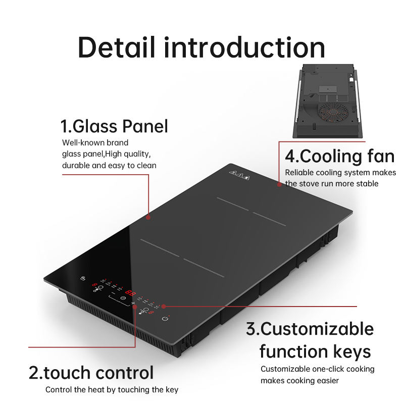 3000W Built-In Household Electric Induction Cooker Turbo Fan Cooling 2 Burners Touch Control Toughened Glass Panel Enhanced