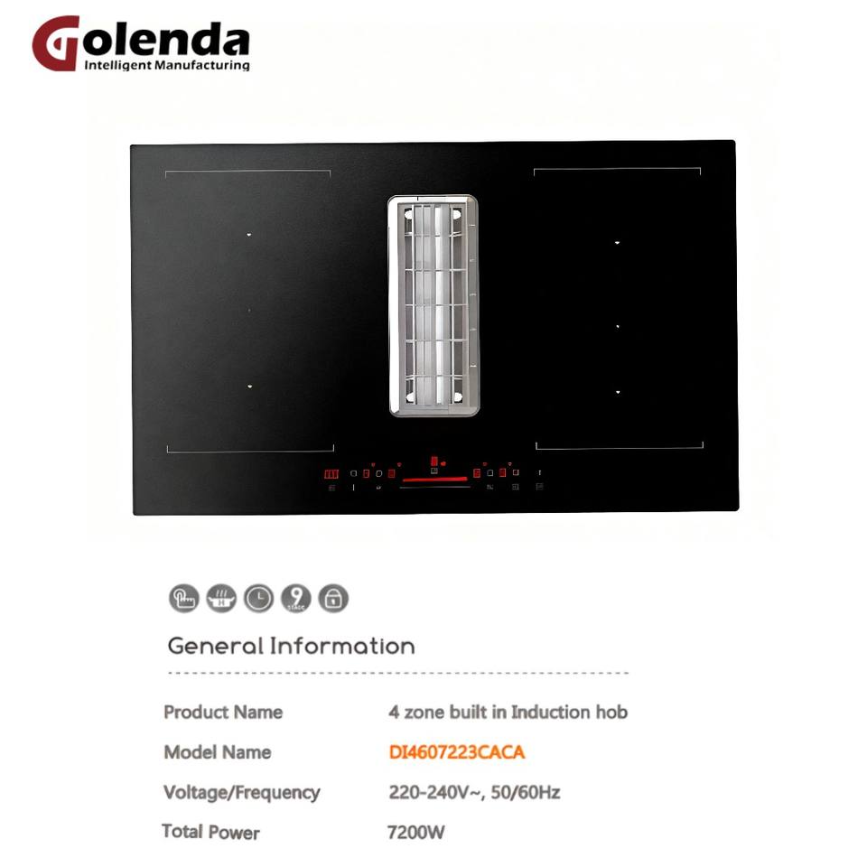 Electric Induction Cooktop Built-In Exhaust Fan 7400W Four Burners Smoke-Free Clean Kitchen Solution Household Energy Efficient