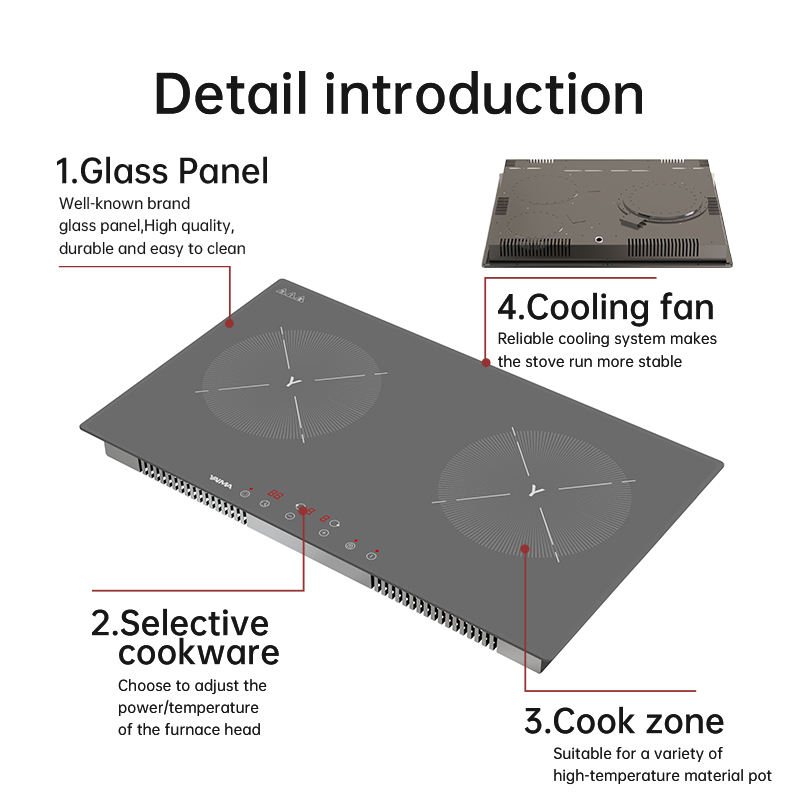 Custom Electric 3000W Built-in Stainless Steel Induction Cooktop with 2 Burners and Glass Ceramic Hobs for Household Use