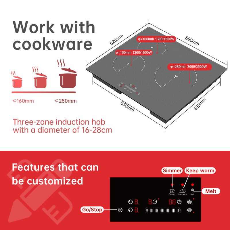 Grey Color 3 Burner Built-In Electric Induction Cooktop with Touch Control 7000W Power Household Use 1 Year Warranty