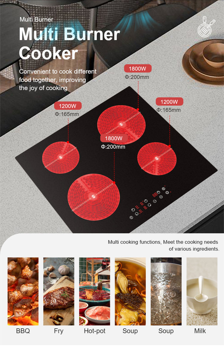 Hot Selling Electric 6000W 4 Burner Smooth Ceramic Cooktop with Built-in Installation