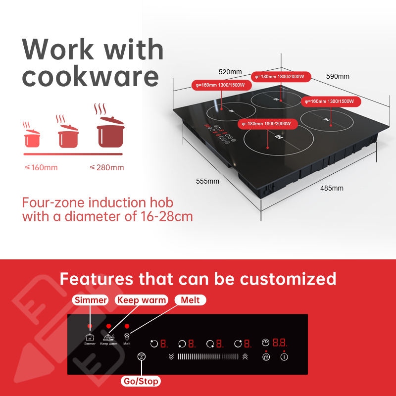 Household Smart 4 Burner Built-In Smooth Ceramic Induction Cooker Safety Child Lock Electric Hob Cooktop 7200W 1 Year Warranty