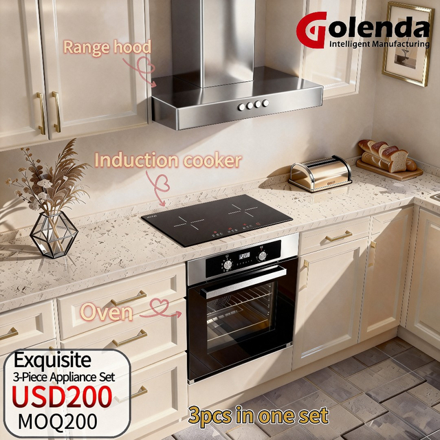 Exquisite three-piece kitchen appliance set: range hood, induction cooker, and oven
