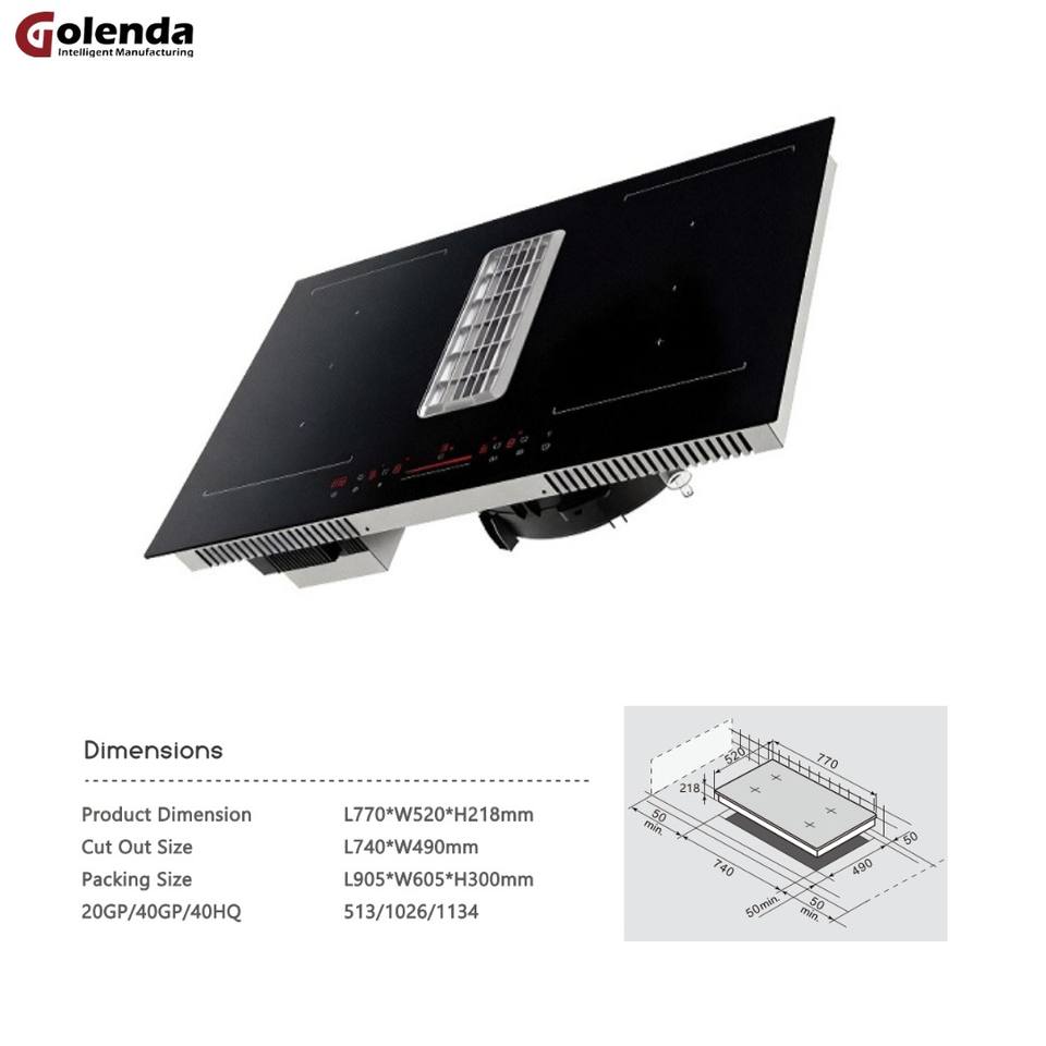 Electric Induction Cooktop Built-In Exhaust Fan 7400W Four Burners Smoke-Free Clean Kitchen Solution Household Energy Efficient