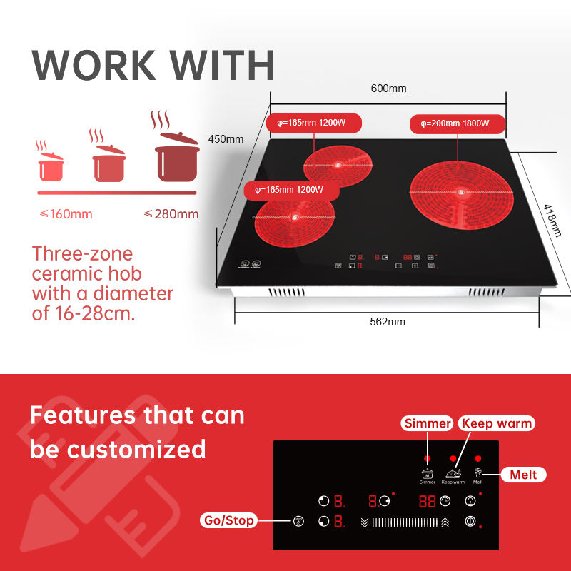 High Quality 4200W Touch Control Infrared 3-Burner Built-In Electric Ceramic Cooktop App-Controlled for RV and Household Use