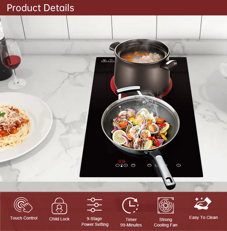 Golenda Hot Sale 3500W 2-Burner 11.5" Multi-Function Smart Electric Induction Cooker Commercial Household Knob Control Built-in