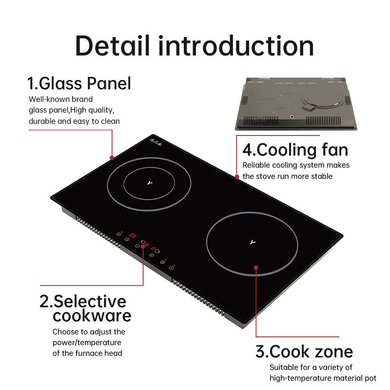 Electric Double Tempered Glass Ceramic Cooktop 4400W 220V Built-in with 2 Burners Residual Heat Indicator Timer Household Use