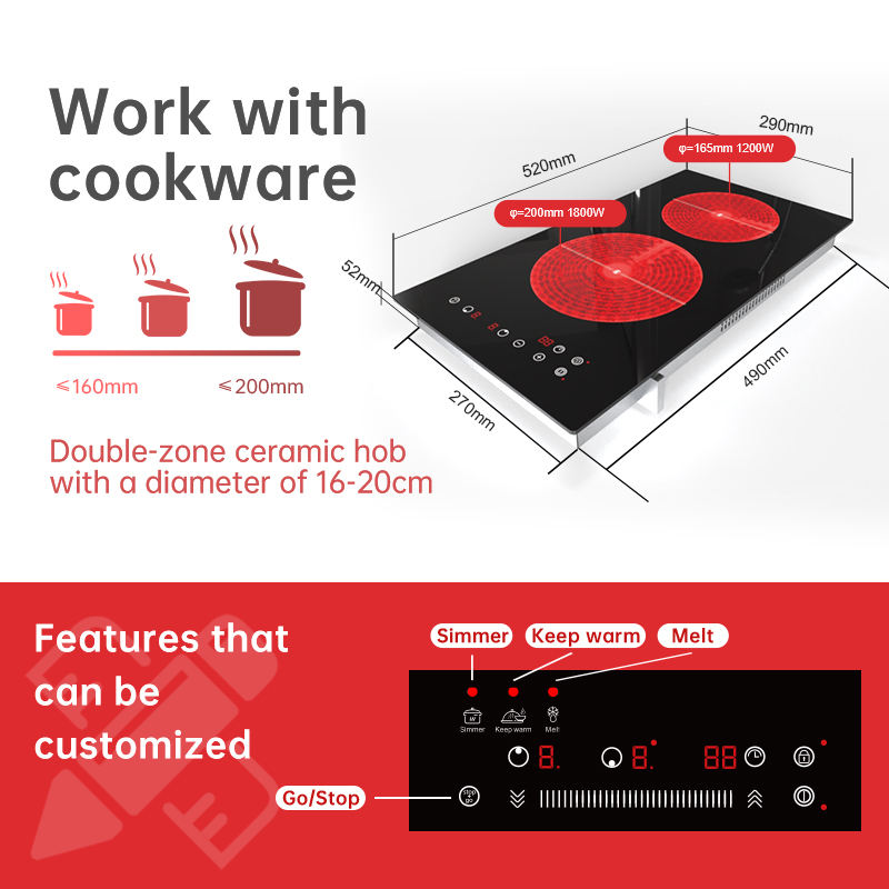3000W Electric Built-In Induction Cooktop Dual Burner 9 Stage Setting Touch Keys Digital Display Plastic Hobs for Household Use
