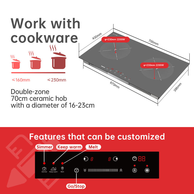 Custom Electric 3000W Built-in Stainless Steel Induction Cooktop with 2 Burners and Glass Ceramic Hobs for Household Use