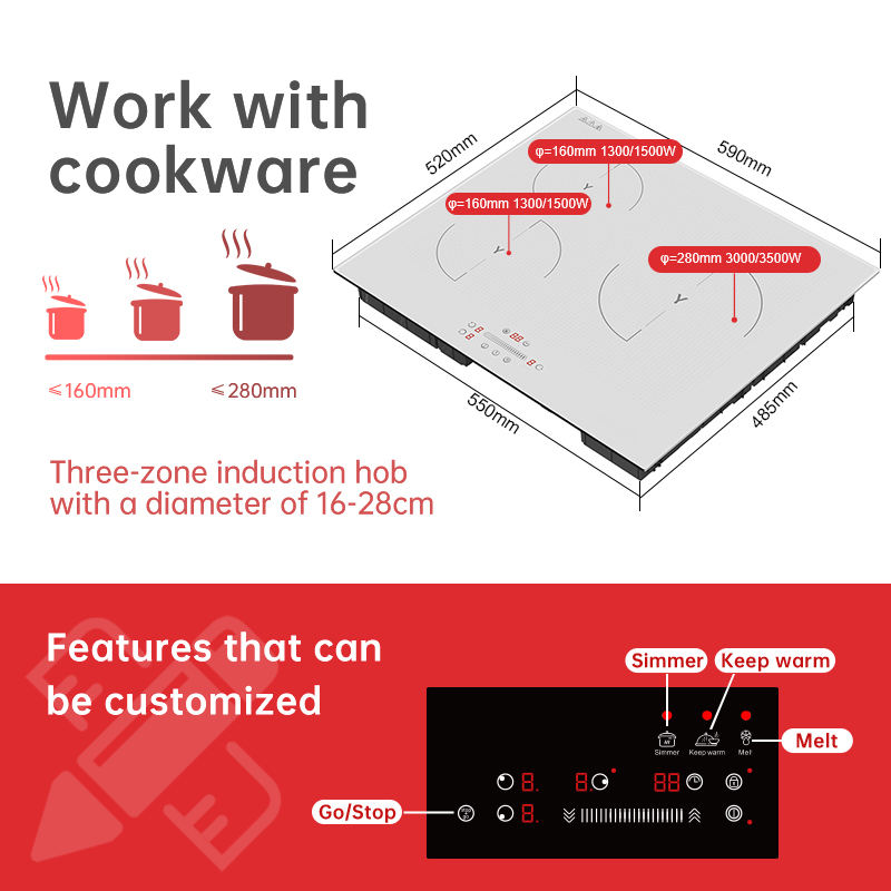 7000W Best Quality Low Price Durable Built-In Electric Induction Cooktop 3 Burner Sensor Touch Screen White Color