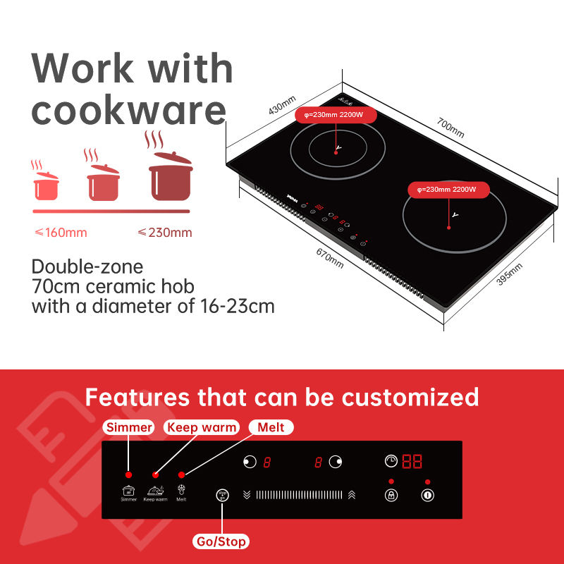 Electric Double Tempered Glass Ceramic Cooktop 4400W 220V Built-in with 2 Burners Residual Heat Indicator Timer Household Use